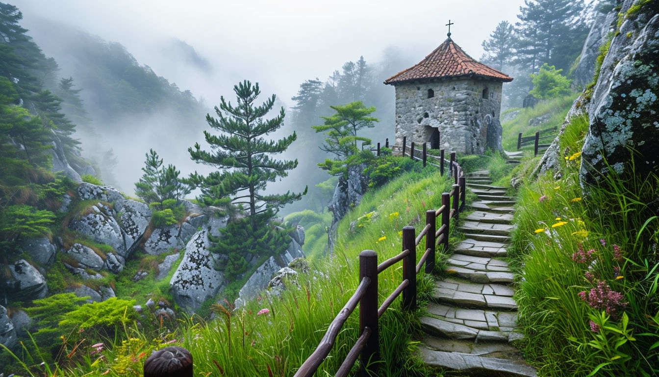 Misty Mountain Landscape with Ancient Stone Tower Virtual Background