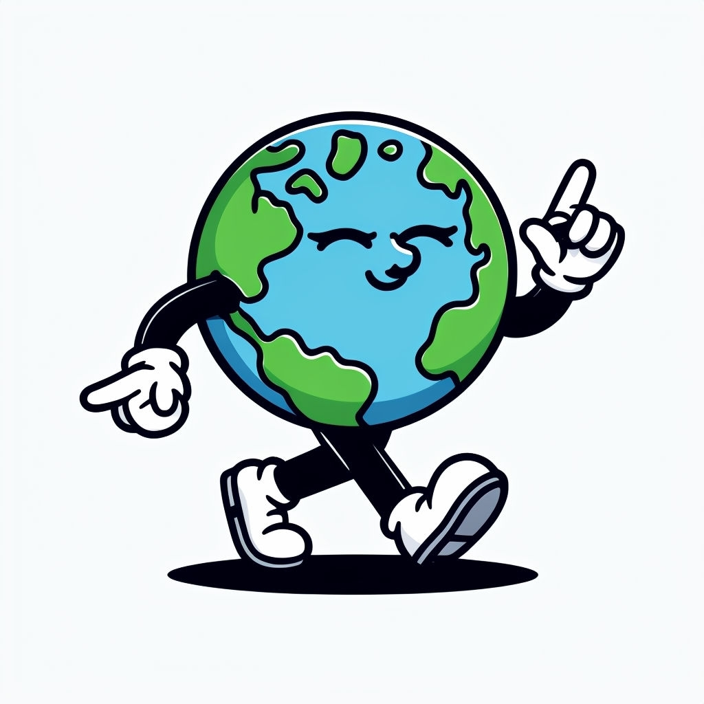 Playful Cartoon Earth Character Walking Illustration Sticker