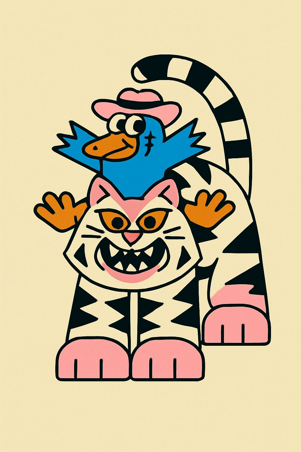 Playful Cartoon Cat and Bird Duo Illustration T-Shirt