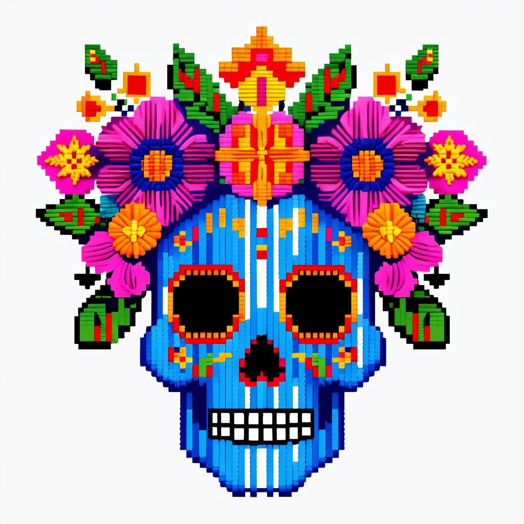 Vibrant Pixelated Dia de los Muertos Skull Hat Design