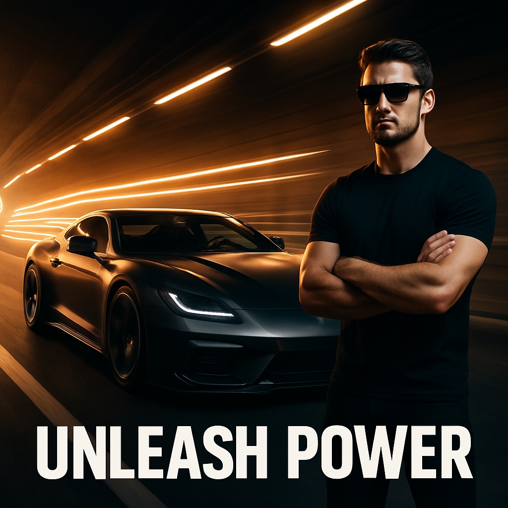 Unleash Power Motivational Photograph of Muscular Man and Sports Car Ads