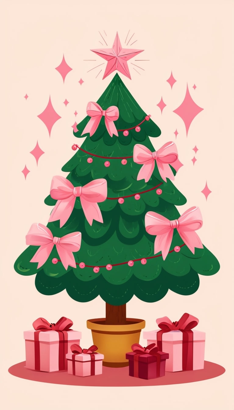 Whimsical Christmas Tree Illustration with Pink Ribbons and Gifts Sticker