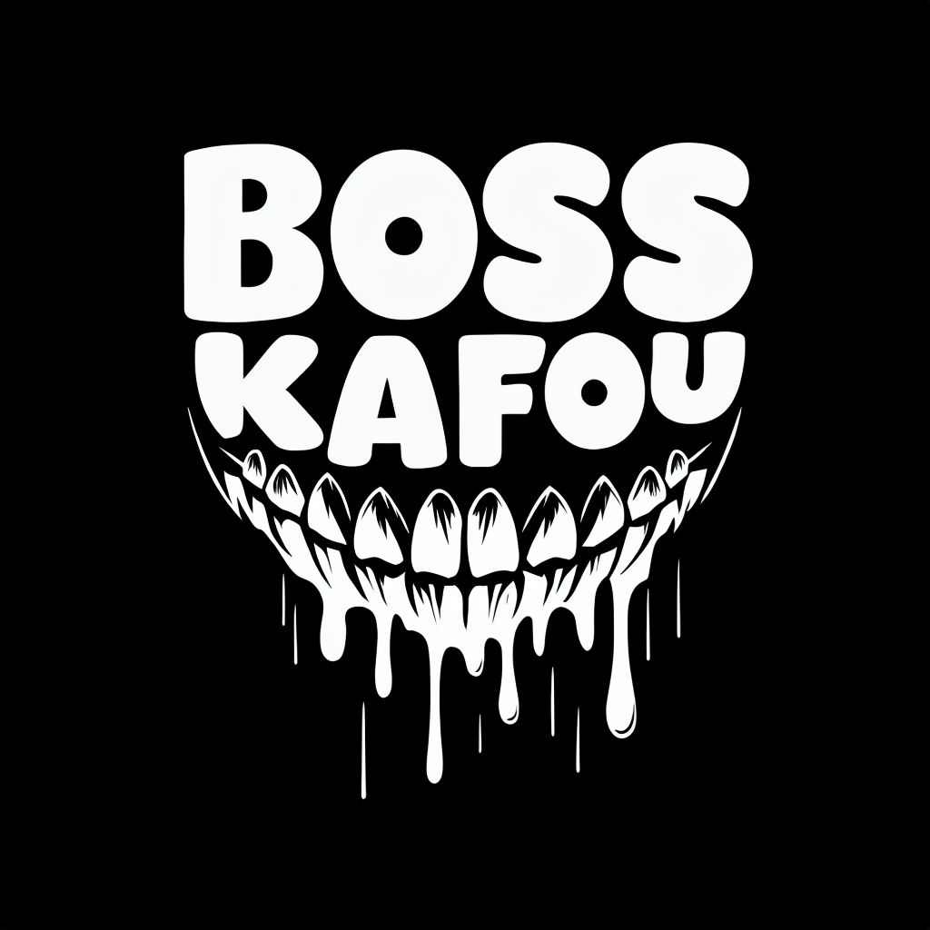 Bold BOSS KAFOU Cartoonish Text with Sinister Grin T-shirt