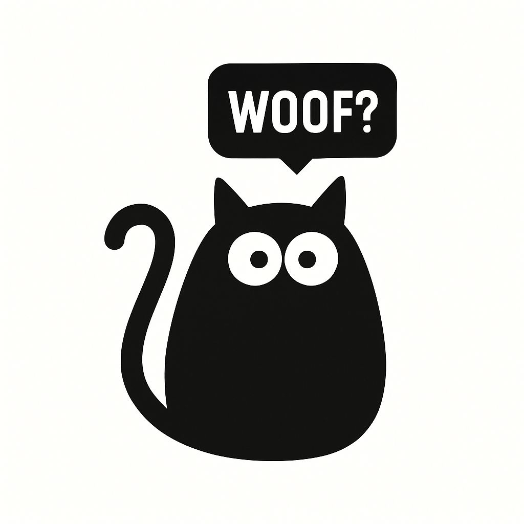 Playful Black Cat with 'WOOF?' Speech Bubble Sticker