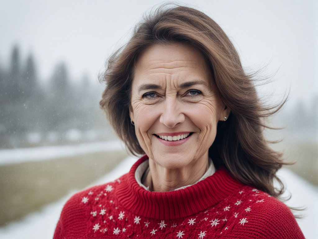 The front side of a brown hair woman 48 years old with a red... by ...