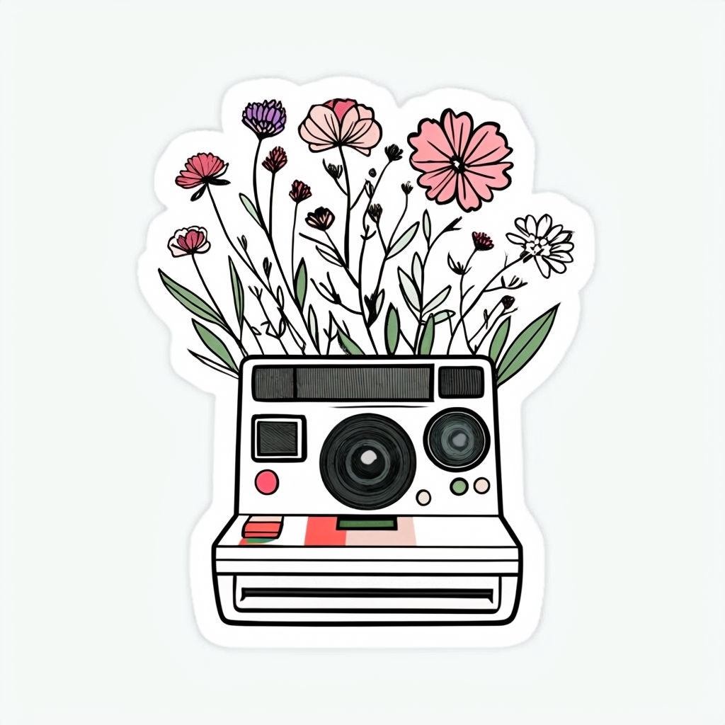 Whimsical Polaroid Camera with Wildflowers Sticker