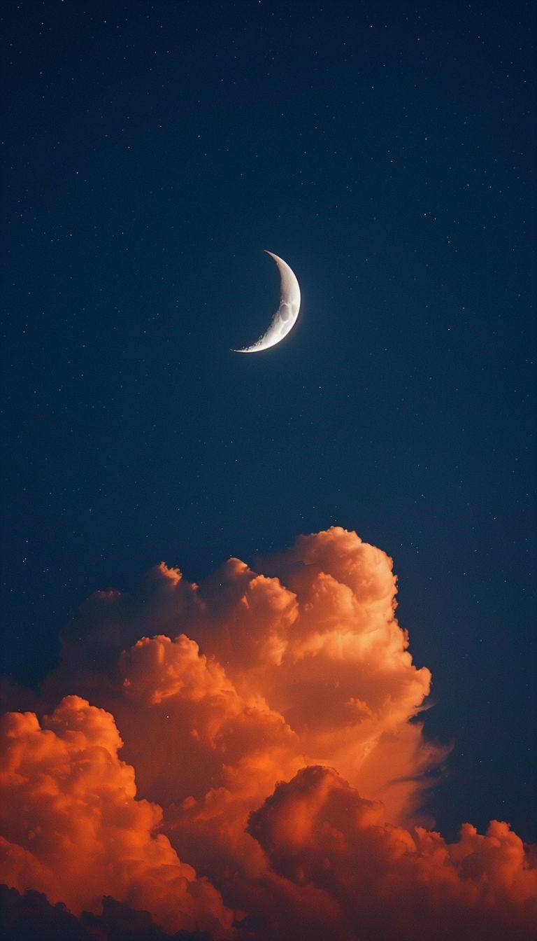 Crescent Moon Over Vibrant Orange Cloud Night Sky Mobile Wallpaper