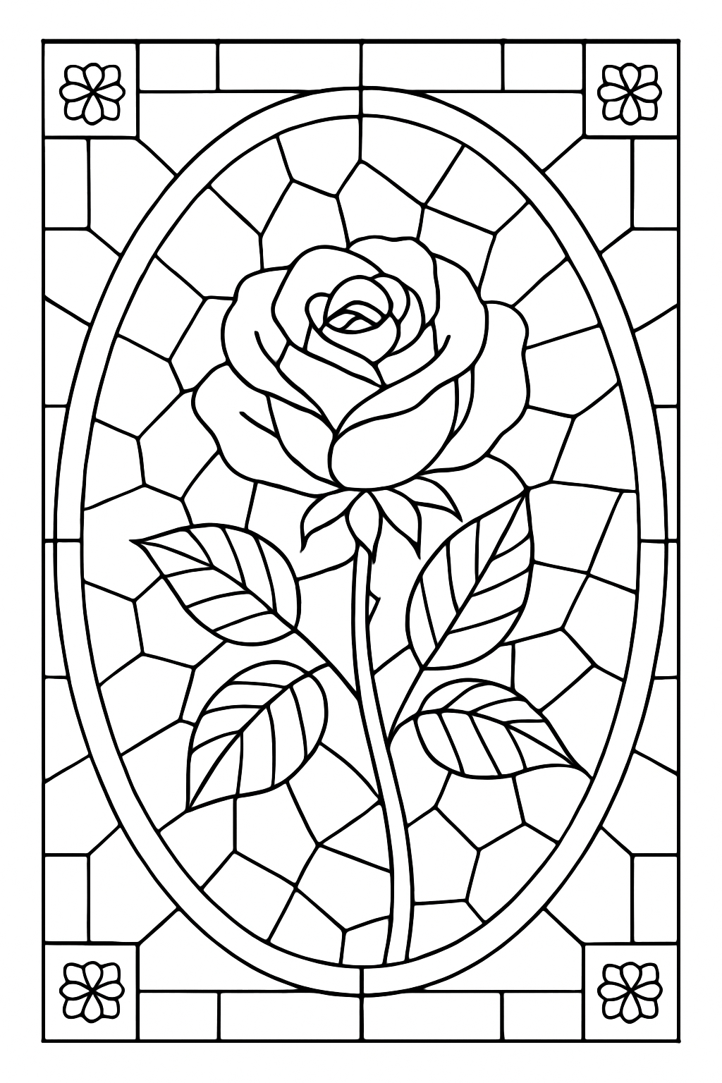 Intricate Black and White Stained Glass Rose Illustration Coloring Book Pages