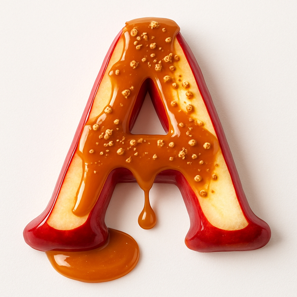 Vibrant Red Apple Slice 'A' with Glossy Caramel Art Monogram