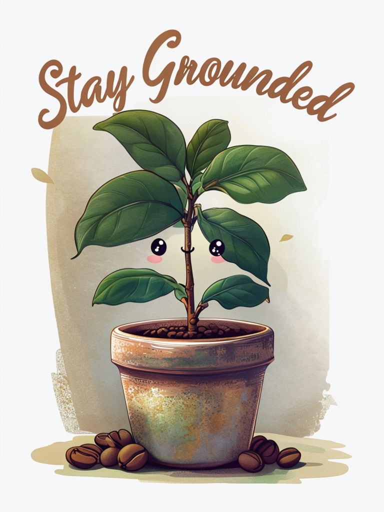 Cute Potted Coffee Plant with Stay Grounded Quote Art