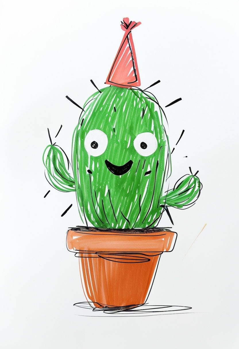 Cheerful Scribble Art Cactus with Party Hat Illustration Art