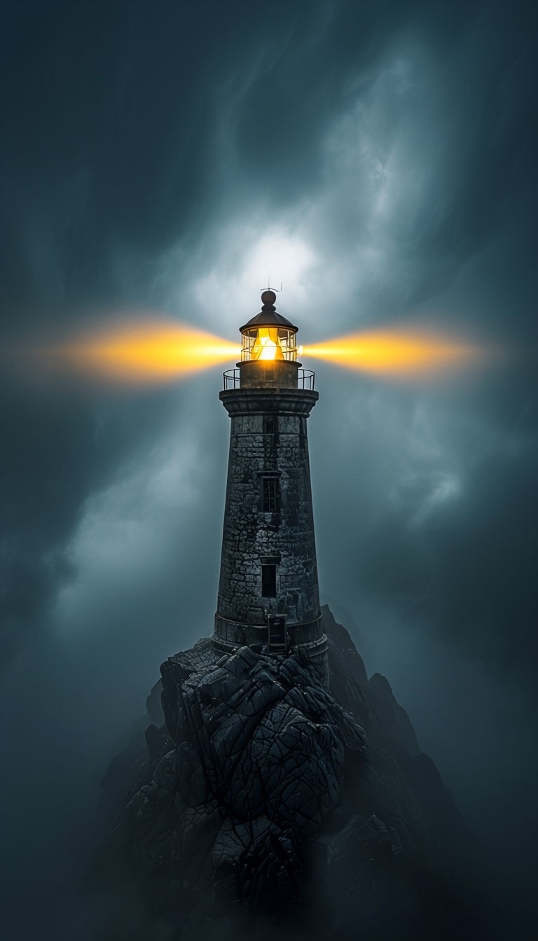 Mysterious Lighthouse in Foggy Scene Mobile Wallpaper