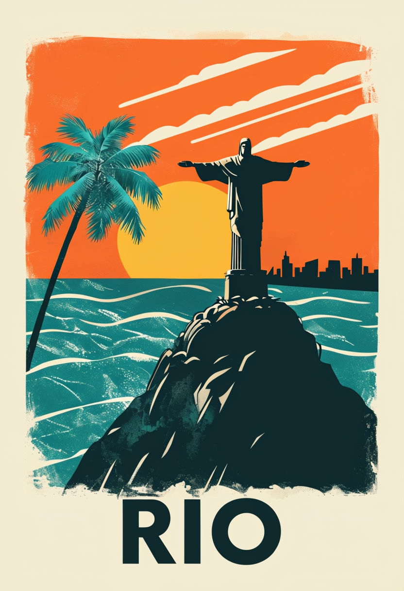 Vibrant Christ the Redeemer Silhouette with Sunset and RIO Text Poster