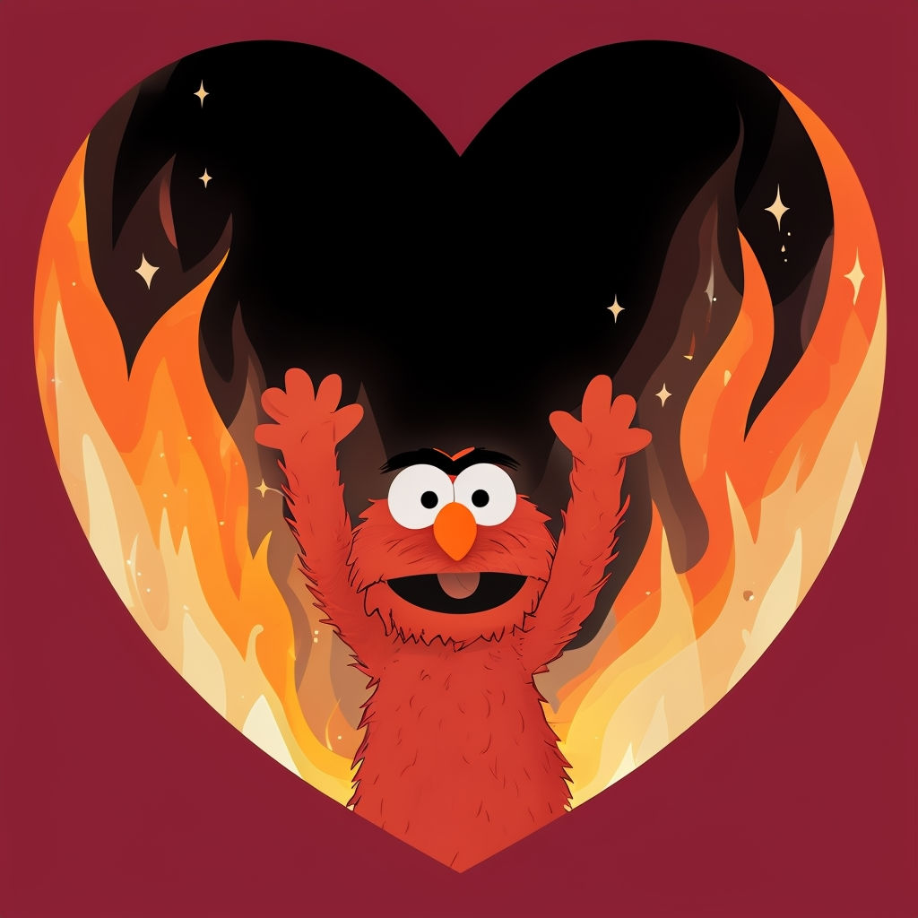 Comedic Elmo Cartoon in Fiery Heart Illustration Art