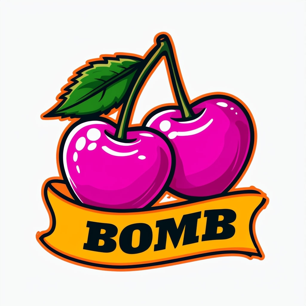 Vibrant Cartoon Heart-Shaped Cherries with Bold 'BOMB' Sticker