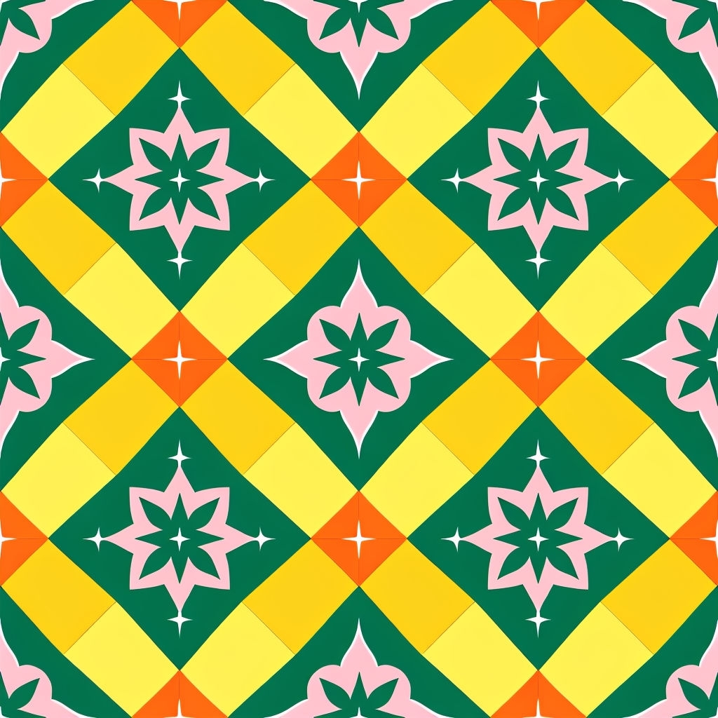 Vibrant Geometric Diamond Pattern in Green, Yellow, and Orange Seamless Pattern