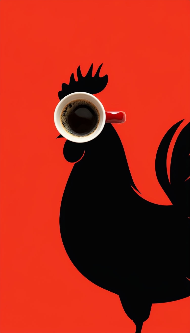 Playful Black Silhouette Rooster with Red Background Mobile Wallpaper