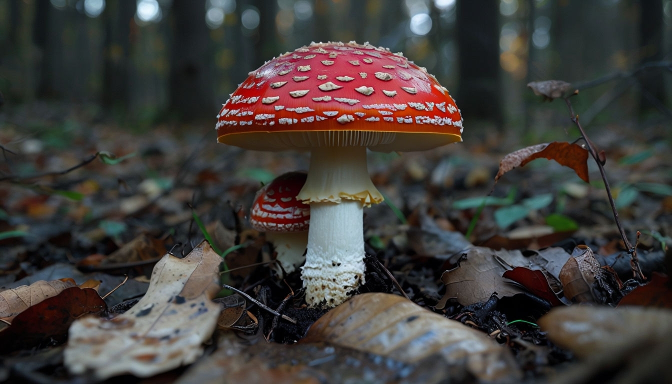 Vivid Fly Agaric Mushroom in Autumn Forest Virtual Background