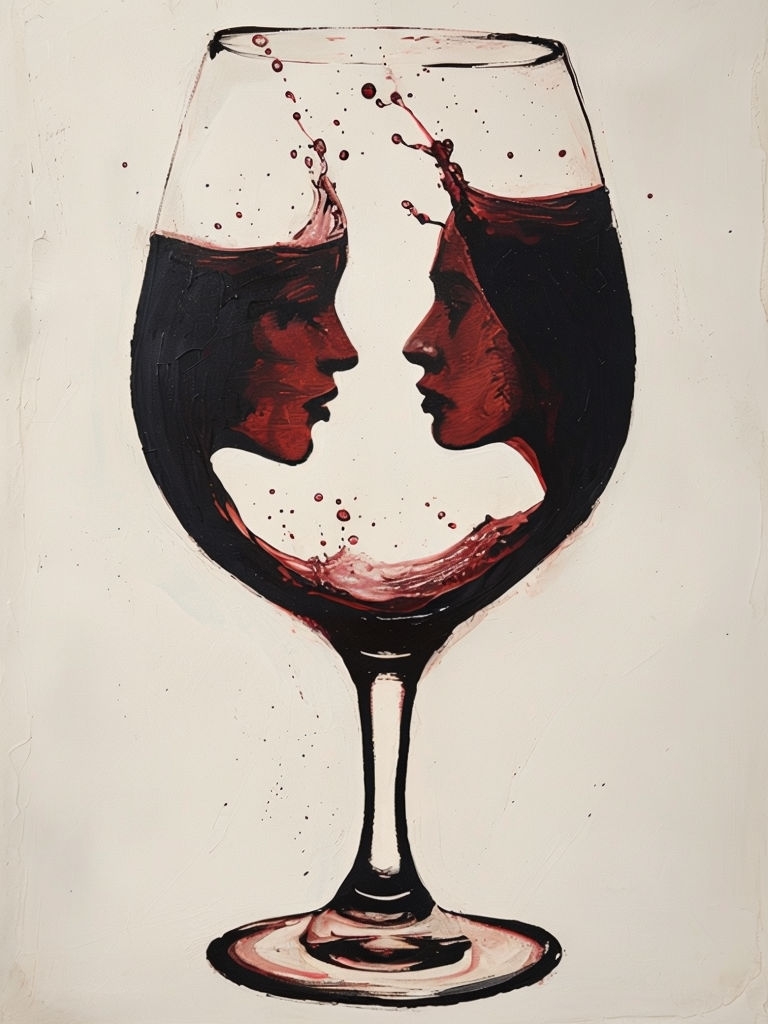 Surreal Wine Glass Silhouette Painting with Intertwined Faces Art