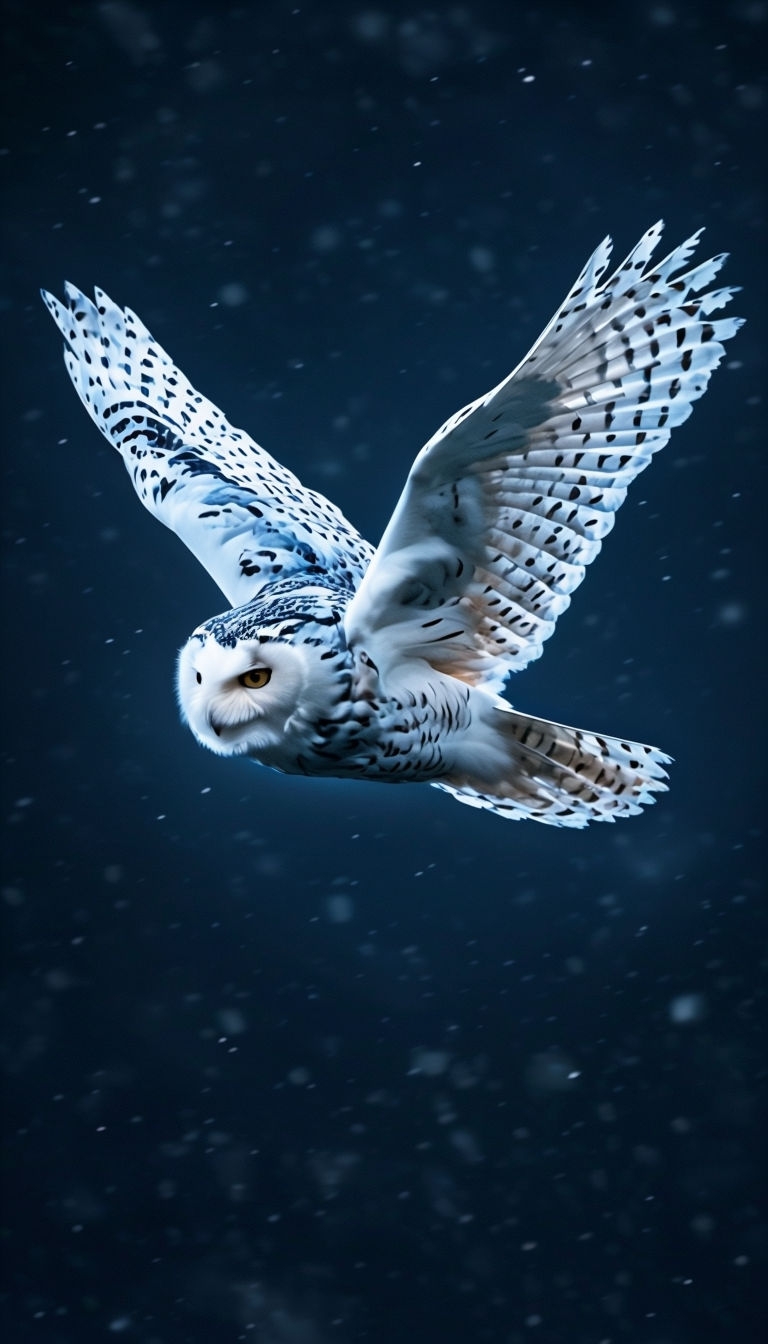 Majestic Snowy Owl in Flight Against Starry Night Sky Mobile Wallpaper