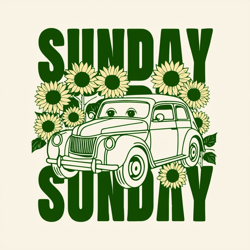 Vintage Cartoon Car with Sunflowers and 'SUNDAY' T-Shirt