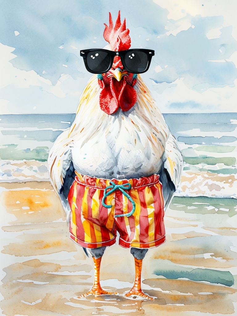 Whimsical Beach Rooster in Swim Shorts Watercolor Poster