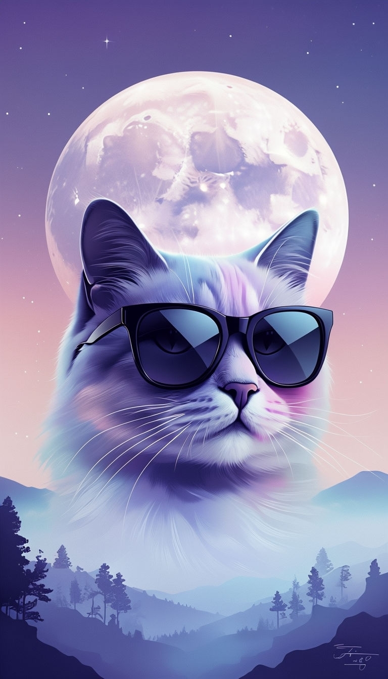 Tranquil Cat Illustration with Pastel Moon and Night Sky Mobile Wallpaper