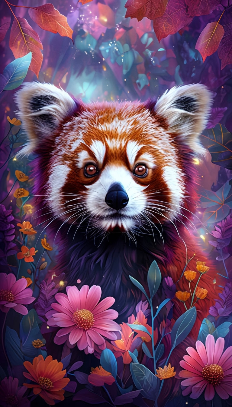 Vibrant Red Panda Among Colorful Flora Digital Painting Mobile Wallpaper