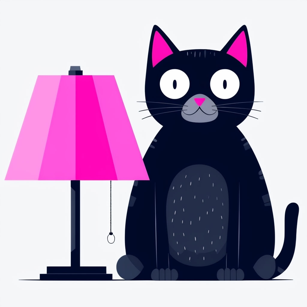 Playful Black Cat and Pink Lamp Cartoon Illustration Sticker