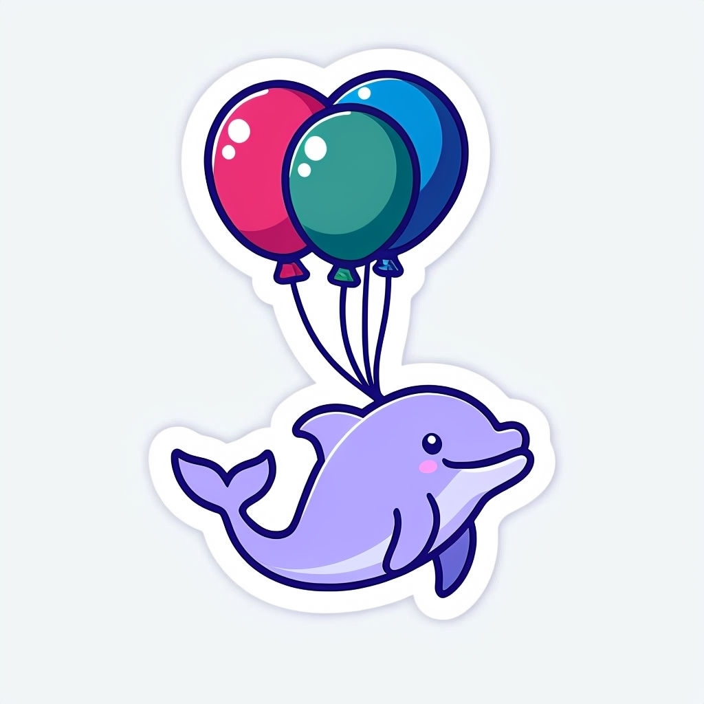 Cheerful Lavender Dolphin with Colorful Balloons Sticker