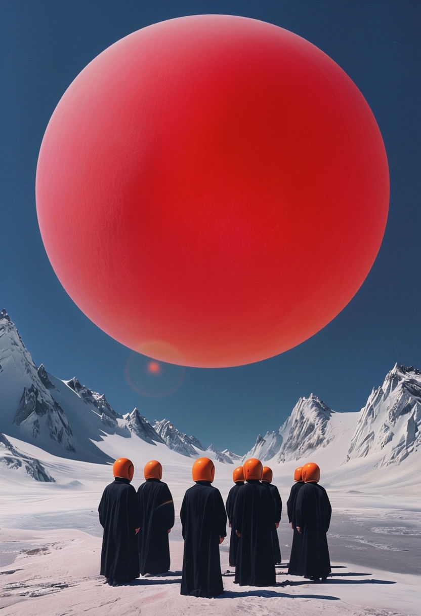 Surreal Red Sphere with Dark Figures in Snowy Landscape Art