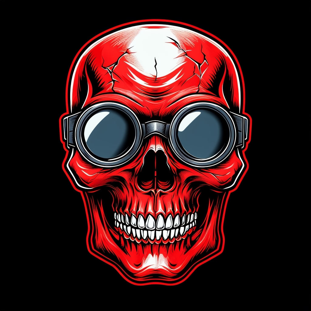 Vivid Red Skull Illustration with Reflective Goggles T-shirt