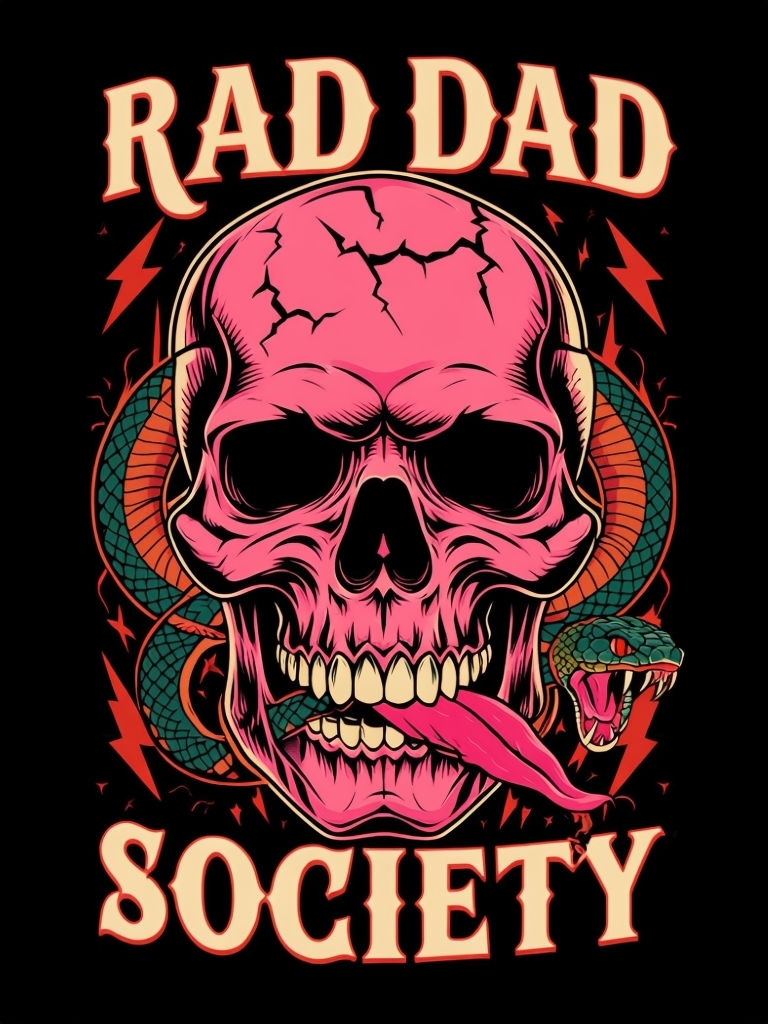 Bold Tattoo-Inspired Pink Skull and Snake Illustration Poster