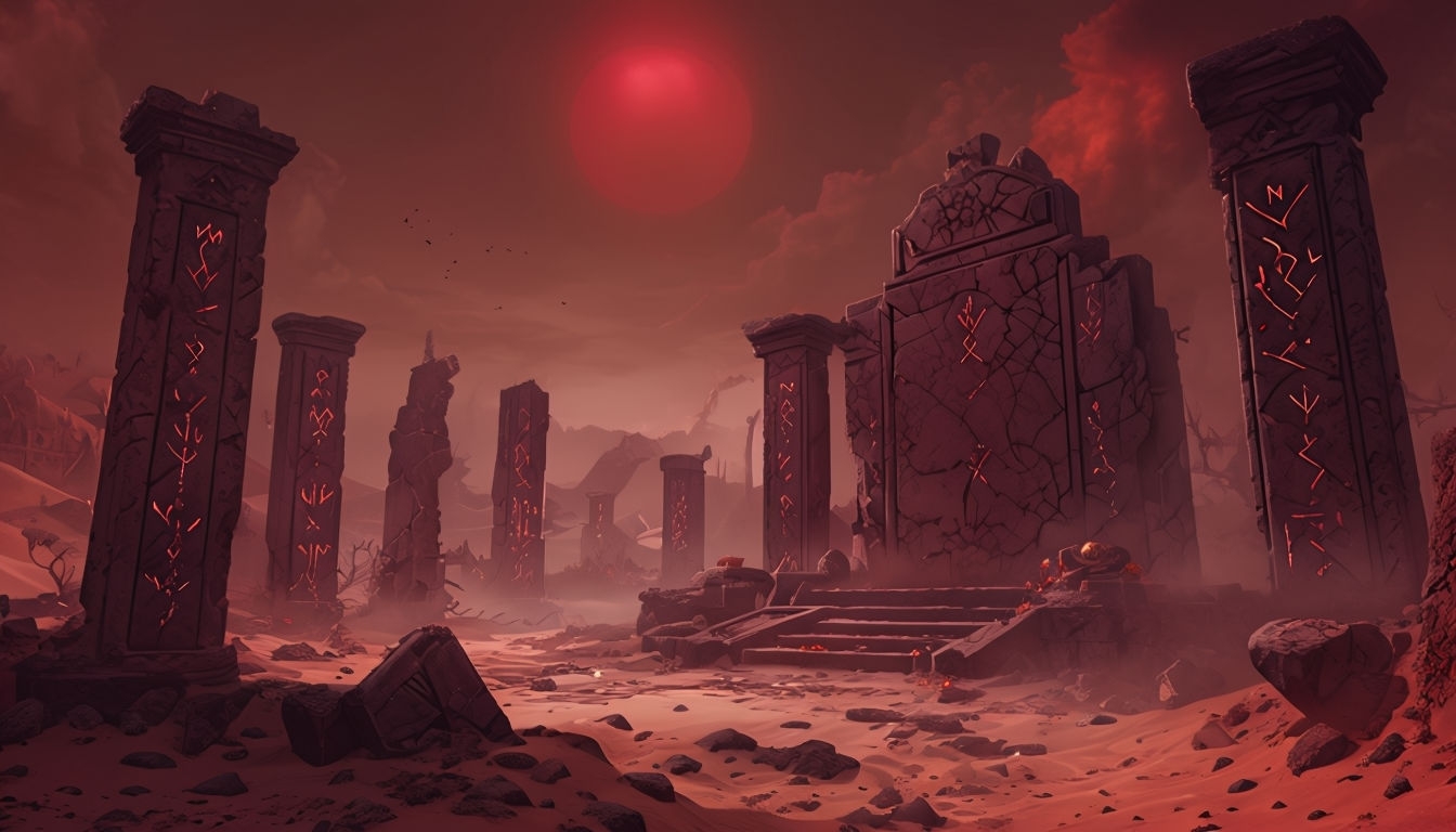 Eerie Cursed Ruins in Desolate Wasteland Art