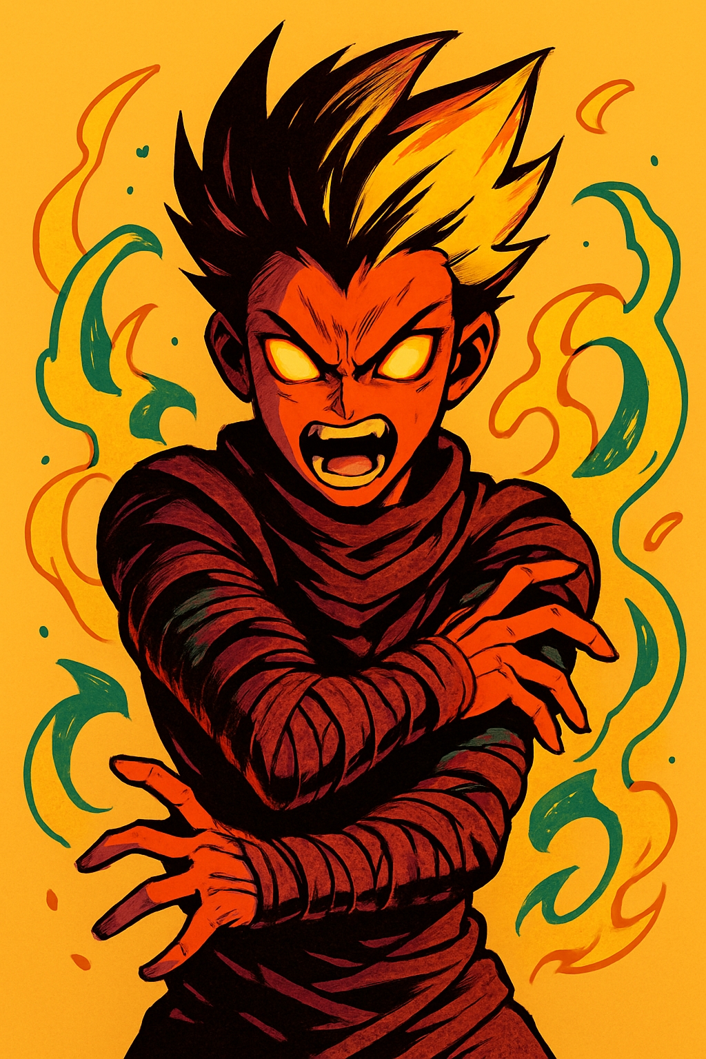 Dynamic Fiery Anime Character Illustration T-Shirt
