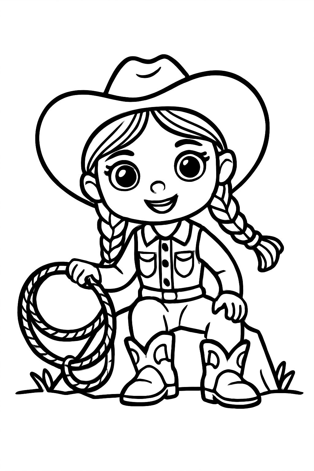 Cheerful Young Cowboy Character Lassoing on a Rock Coloring Book Page
