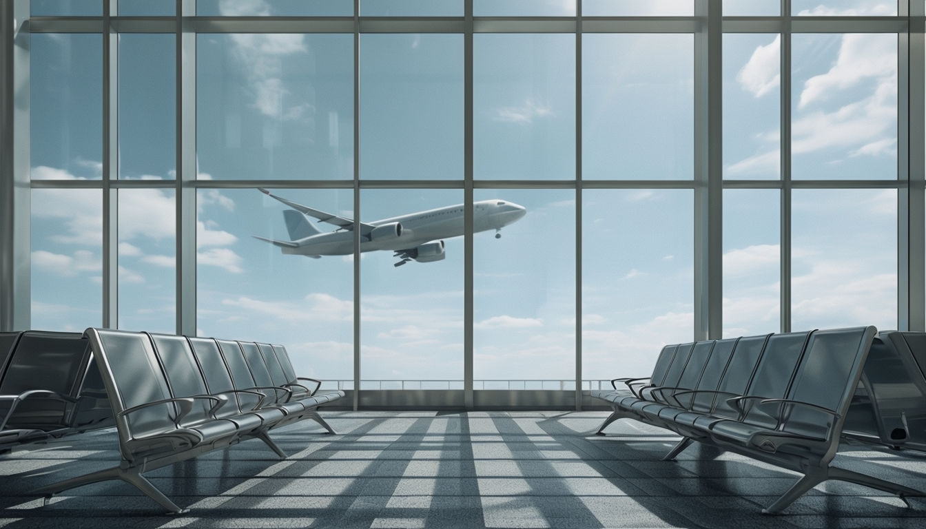 Modern Airport Terminal Scene with Airplane in Flight Background