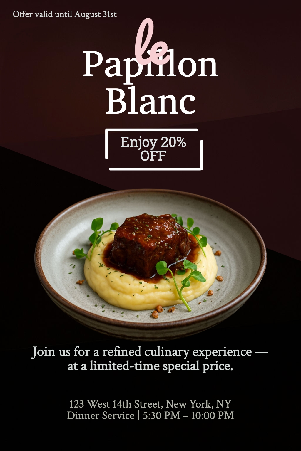 Elegant Culinary Offer for le Papillon Blanc Restaurant Flyer