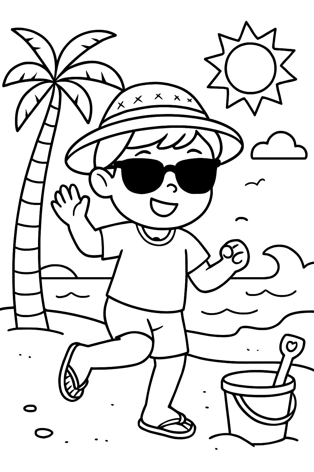 Cheerful Beach Scene Coloring Page with Playful Child and Palm Tree