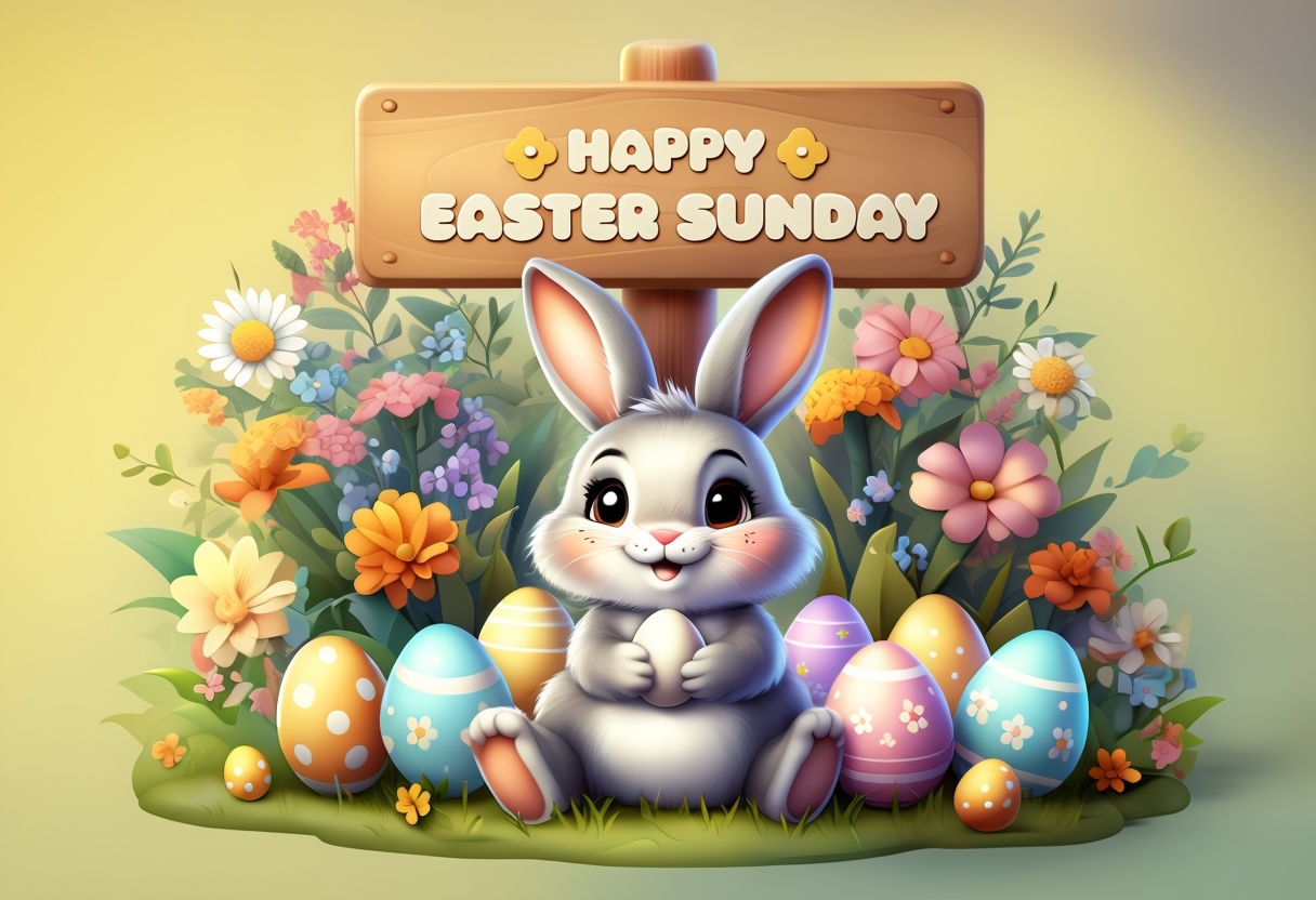 Cheerful Easter Bunny with Colorful Eggs Illustration Social Media Post