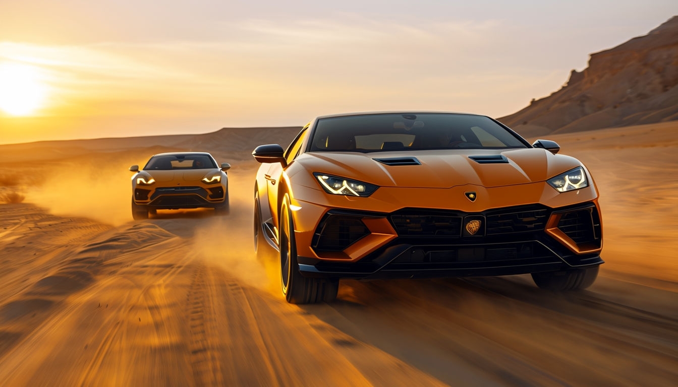 Dynamic Luxury SUVs in Motion Desert Sunset Background