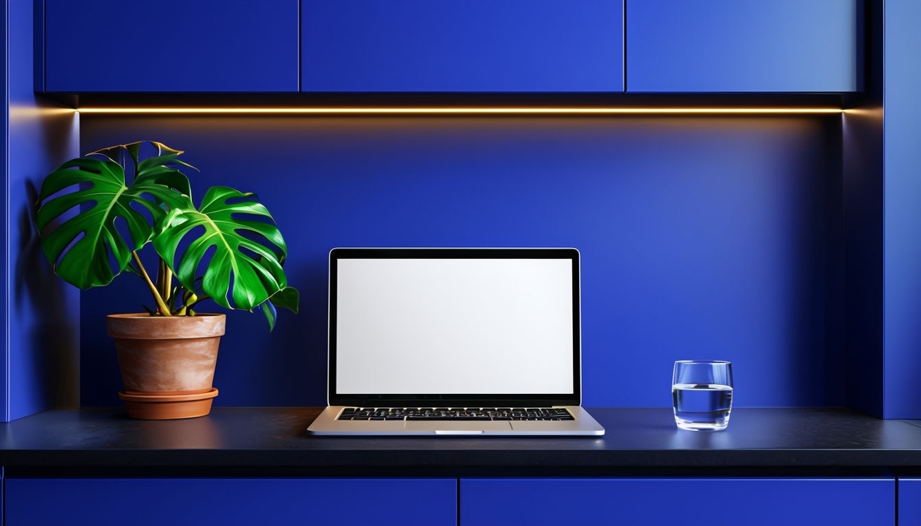 Sleek Modern Workspace Illustration with Lush Monstera Plant Mockup