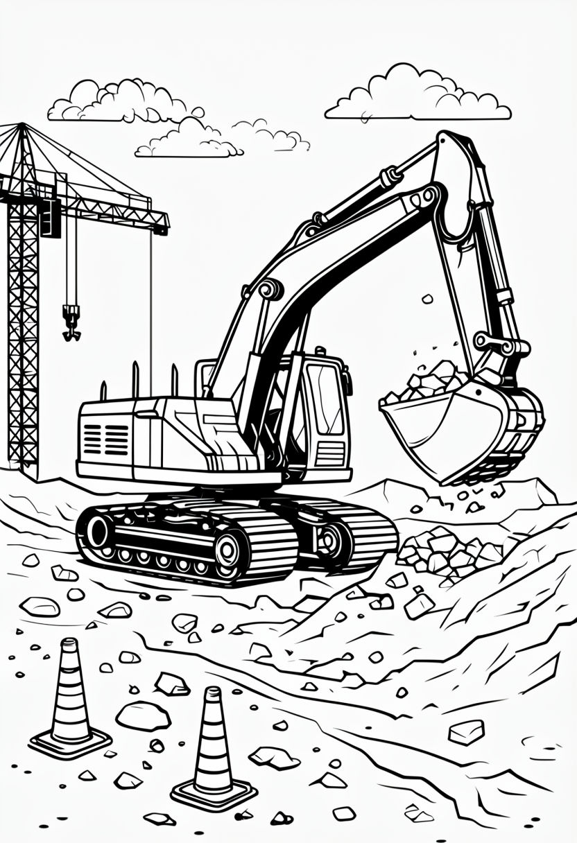 Cartoon Excavator Construction Site Line Drawing Art