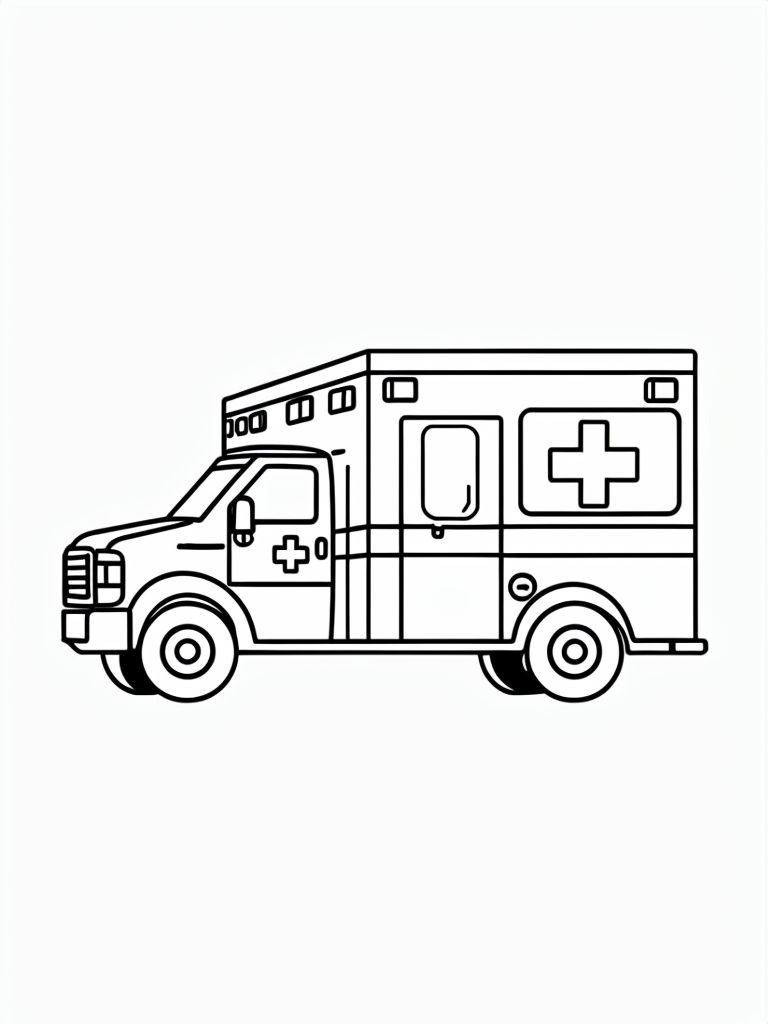 Bold Black and White Ambulance Line Drawing for Coloring Book Pages