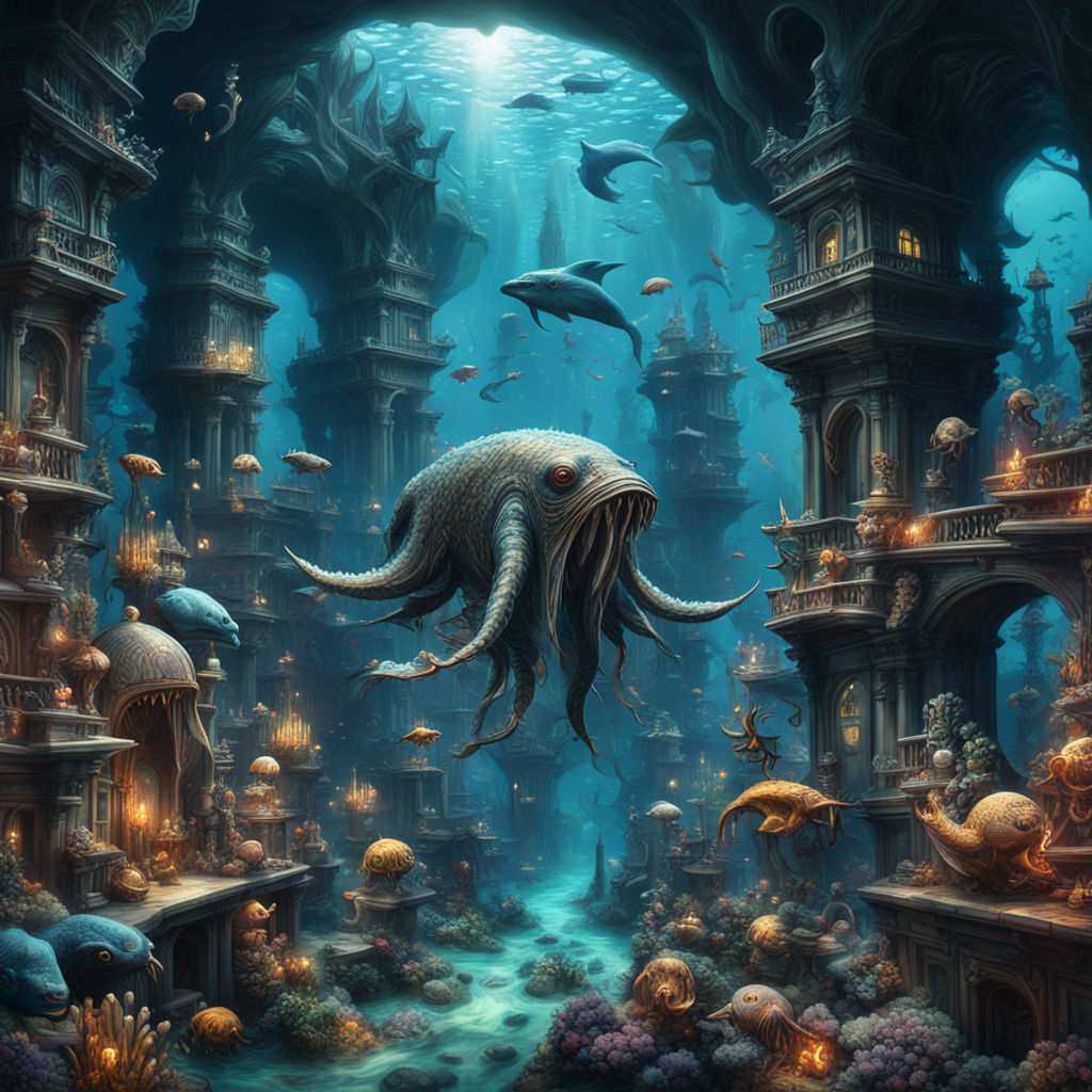 Deep ocean scene with mythical sea creatures emerging amidst... by Riya ...