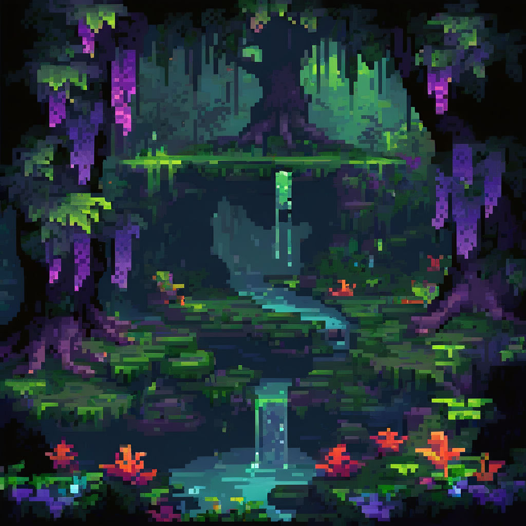 **A Pixelated Forest Grotto** Amidst the lush greenery of a... by ...