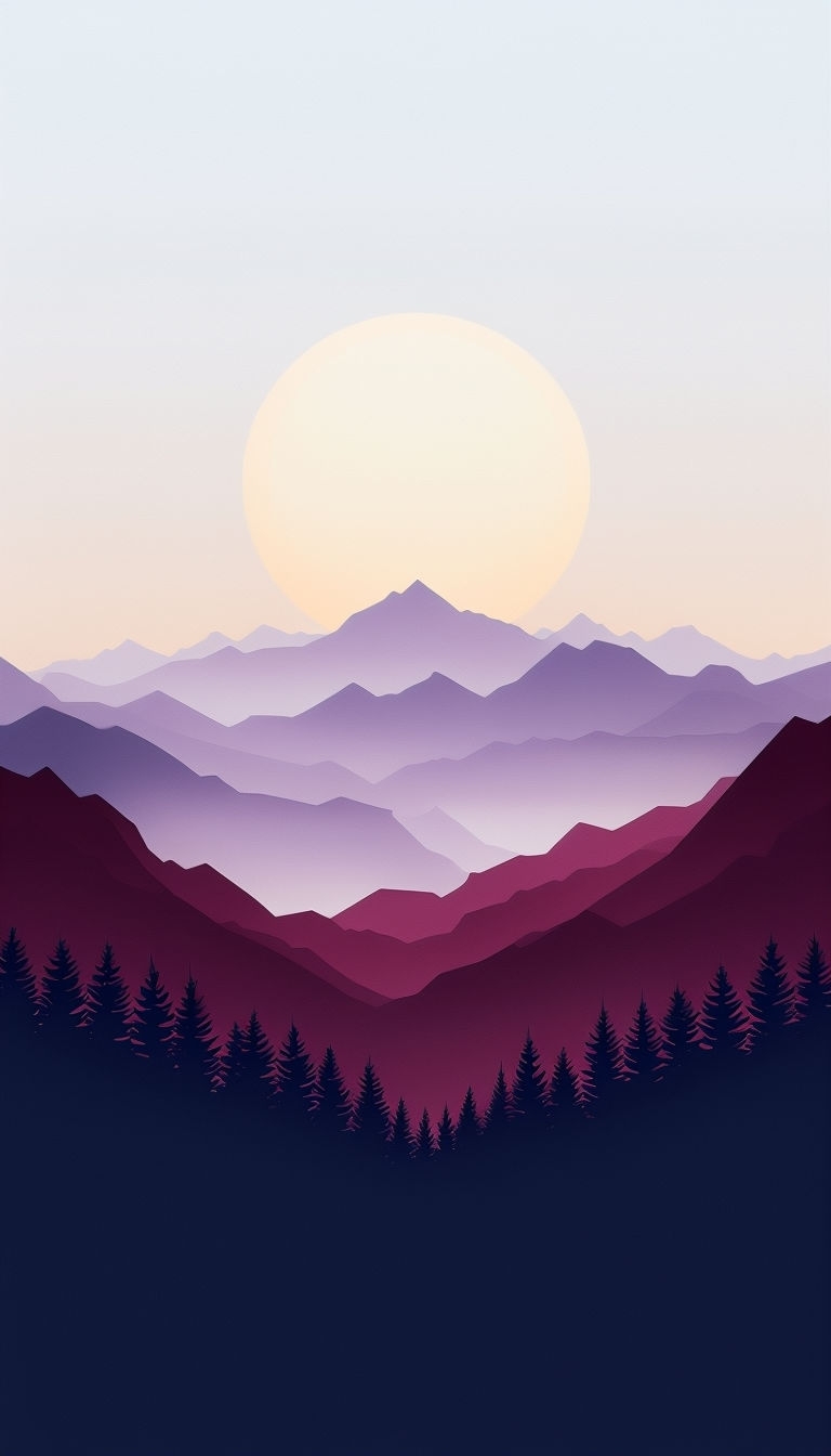Serene Minimalist Sunrise with Mountains and Pine Trees Mobile Wallpaper
