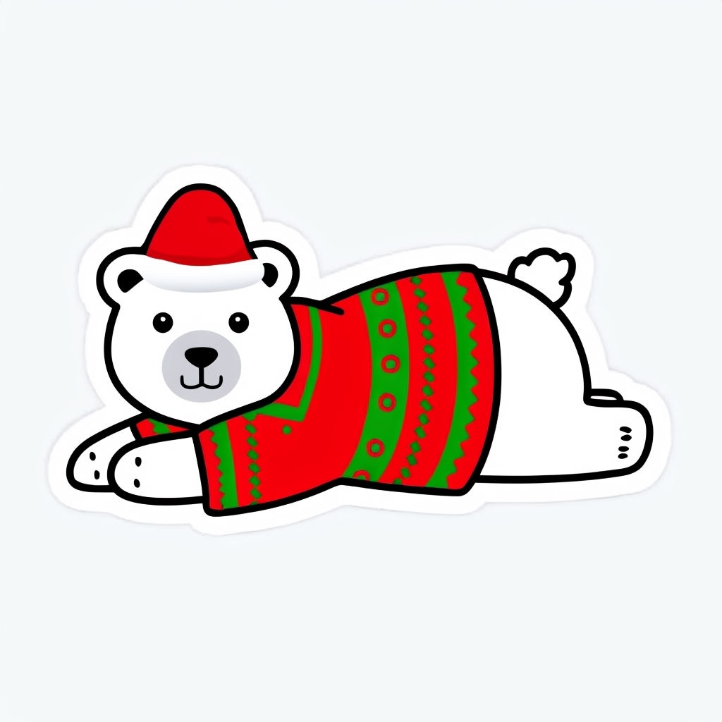 Festive Cartoon Polar Bear in Santa Hat and Christmas Sweater Sticker