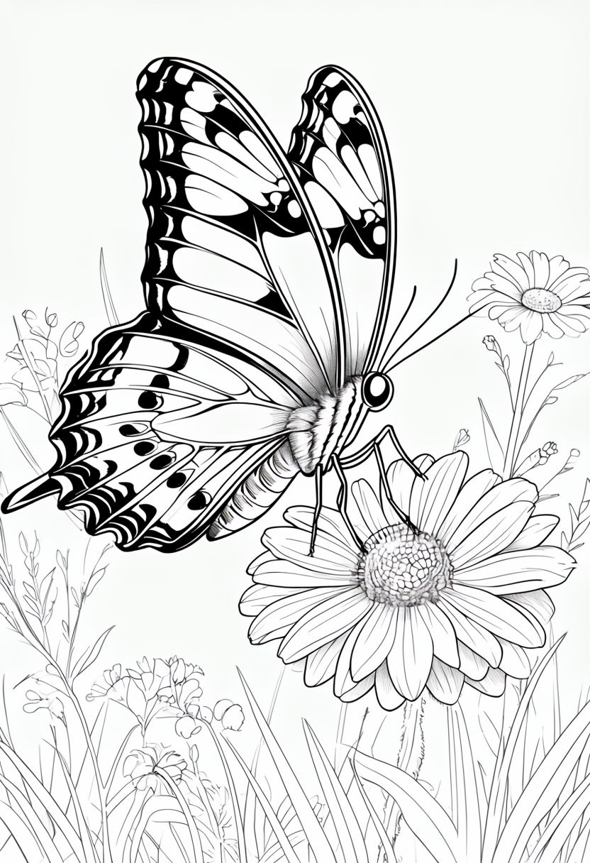 Intricate Butterfly and Flower Coloring Book Page Design