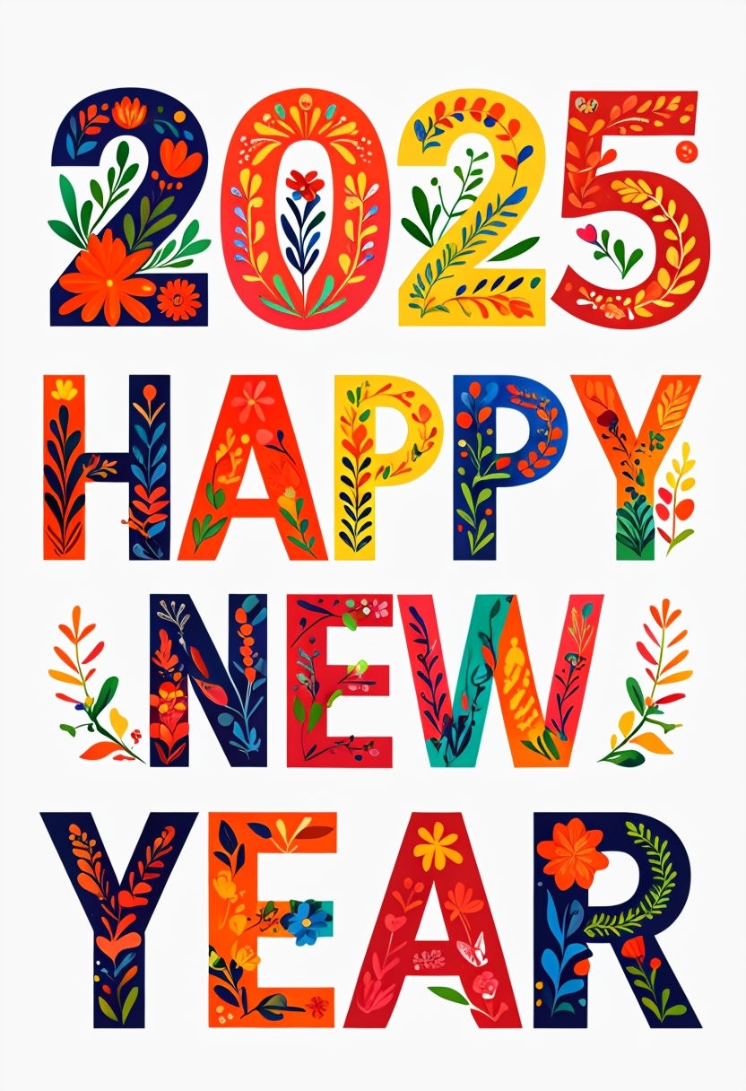 Colorful Floral 2025 Happy New Year Greeting Card Design